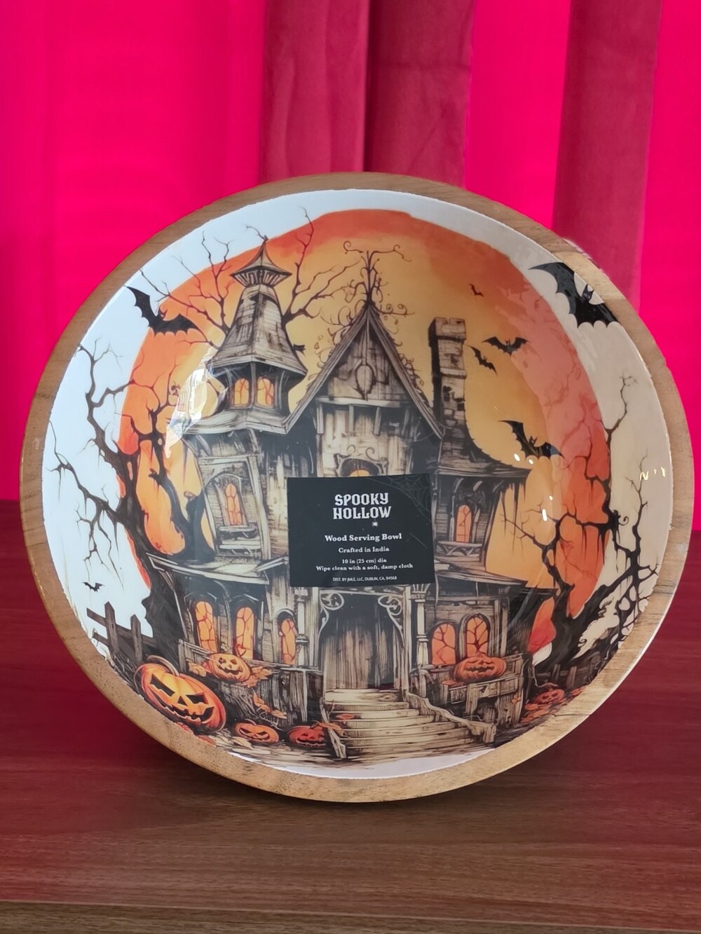 Spooky Hollow Haunted House Serving Bowl Enameled Wood Halloween Bowl